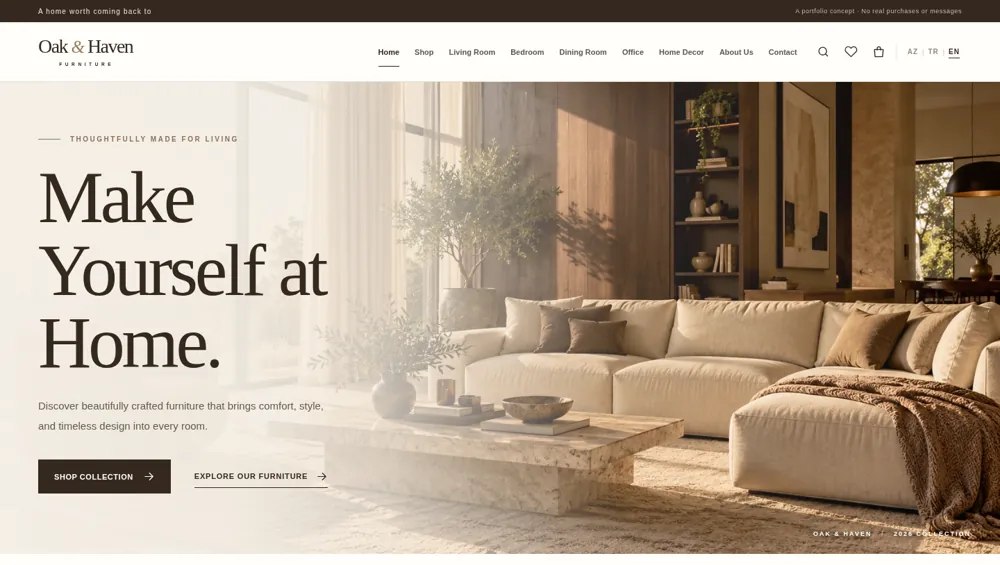 Oak & Haven Furniture premium ecommerce website screenshot